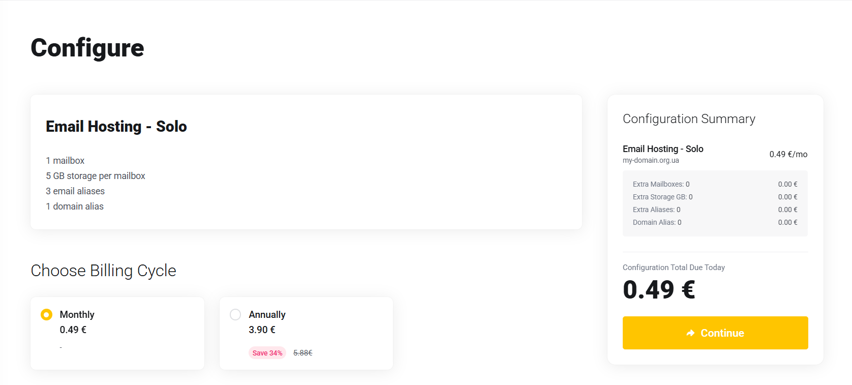Wybierz cykl rozliczeniowy dla Email Hosting - Solo