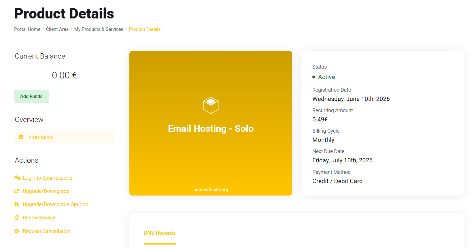 Szczegóły produktu Email Hosting - Solo w panelu klienta
