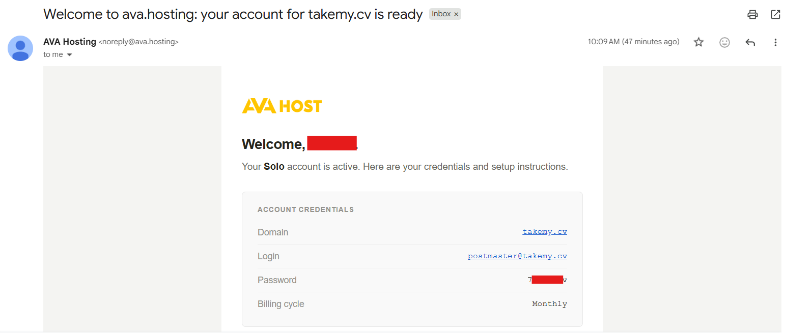 Wiadomość powitalna z danymi logowania do skrzynki pocztowej