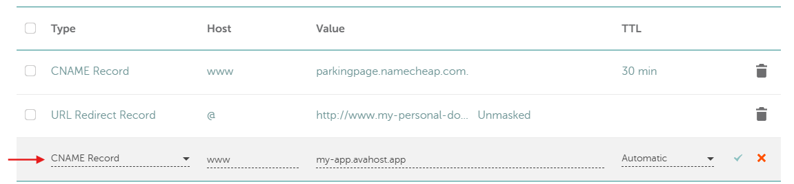Écran du fournisseur DNS configurant un enregistrement CNAME www qui pointe vers l'adresse de l'application AVA HOST