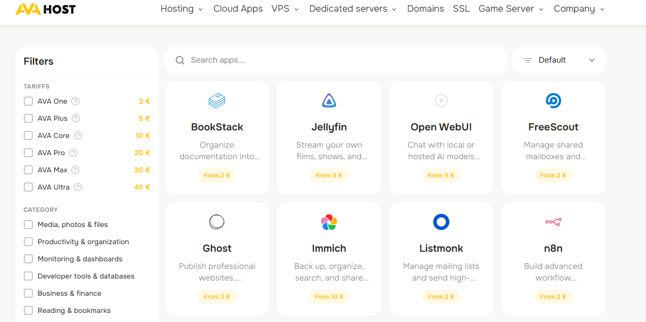 Catalogue AVA HOST Cloud Apps avec options de recherche et de filtrage