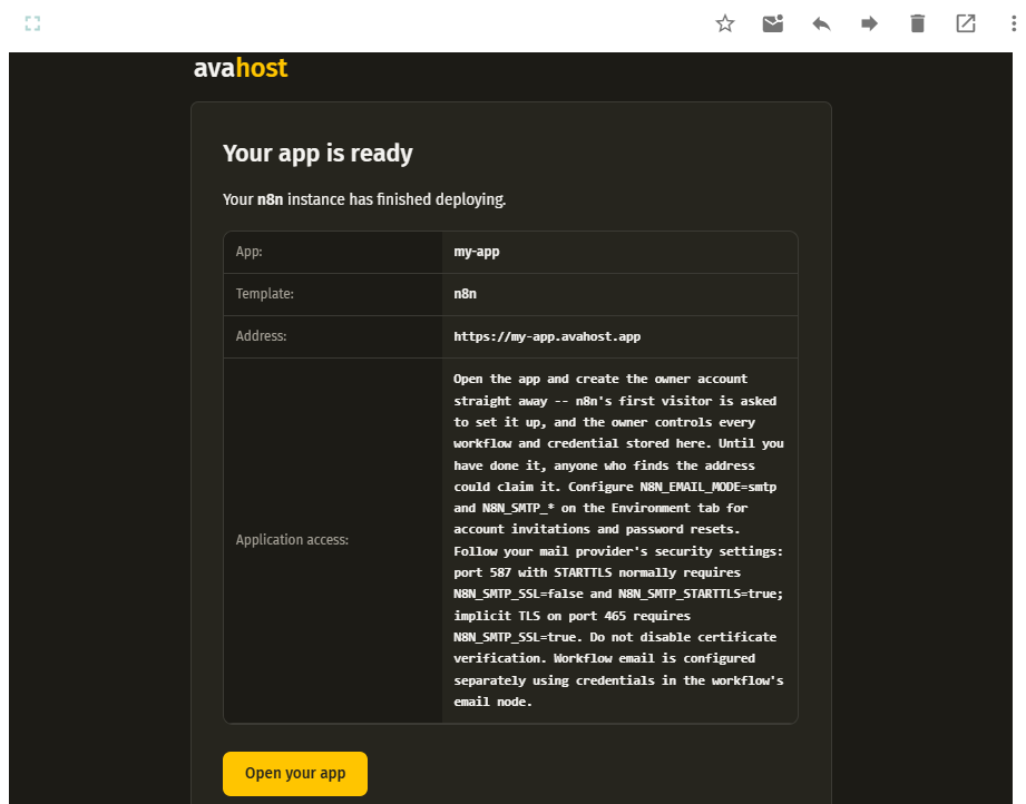 E-mail de confirmation de déploiement AVA HOST avec l'adresse de l'application et les instructions d'accès