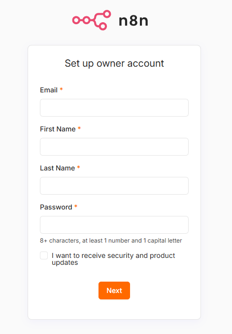 Page de configuration du compte propriétaire n8n
