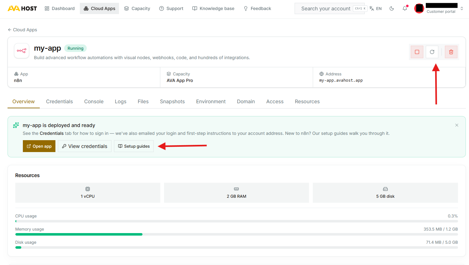 Page de gestion de Cloud App avec le statut, les contrôles, les liens de configuration et l'utilisation des ressources