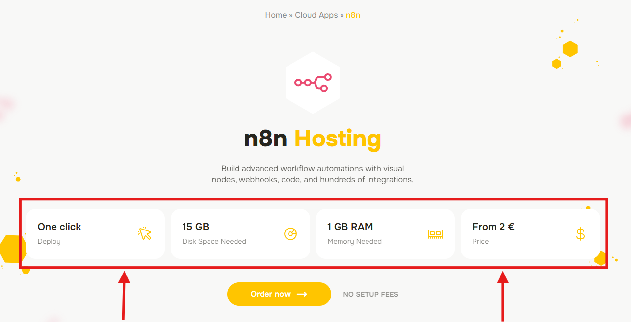 Page de l'application n8n montrant le déploiement en un clic, les exigences en ressources et le prix de départ