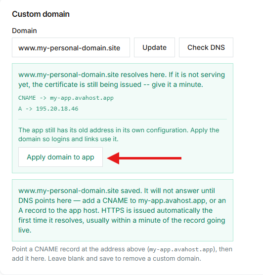 Vérification DNS de domaine personnalisé réussie avec le bouton Appliquer le domaine à l'application en surbrillance