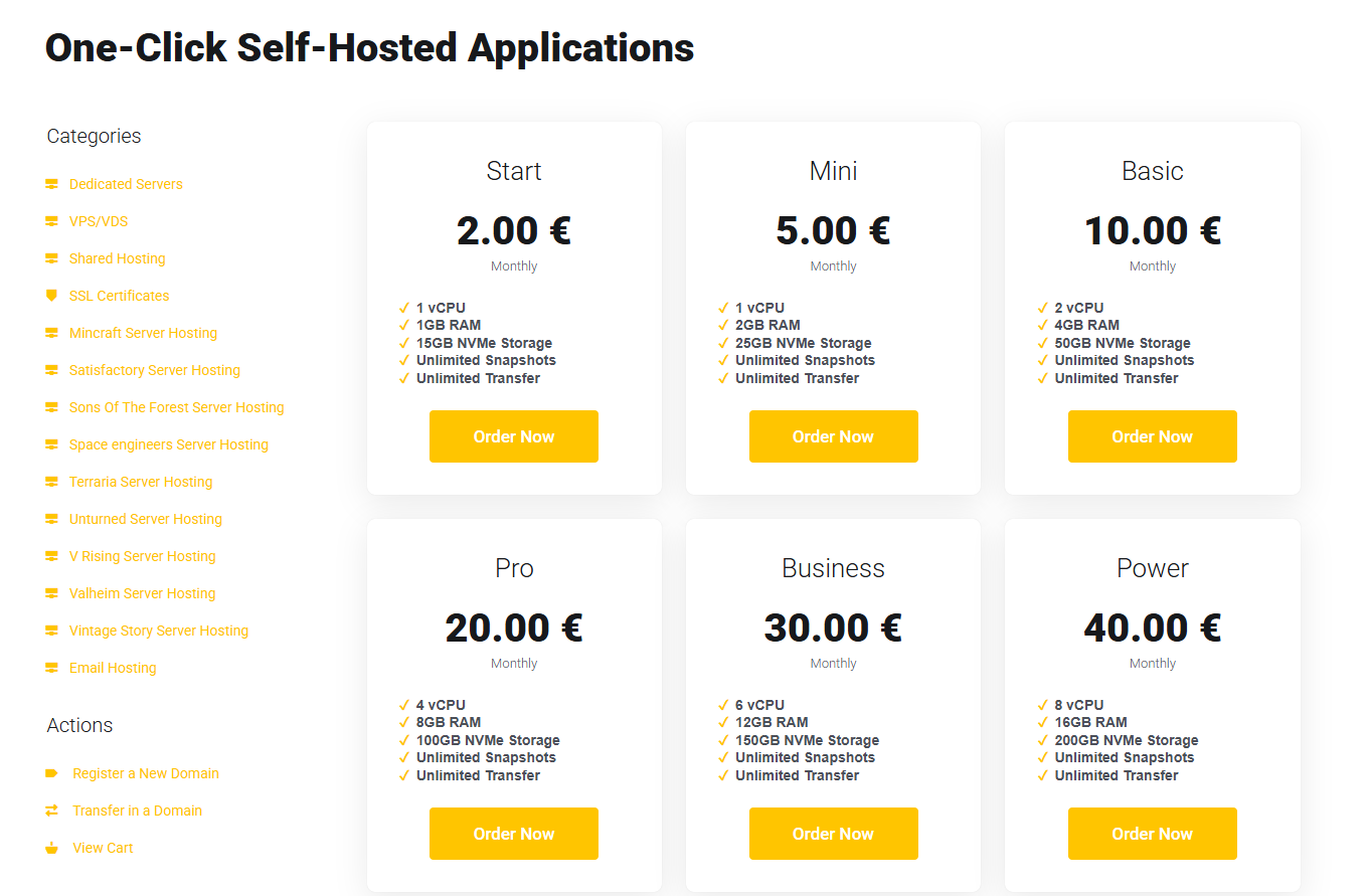 Page de sélection de plan AVA HOST avec les plans Cloud Apps disponibles