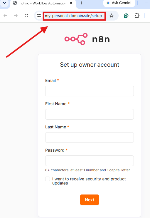 Page de configuration n8n ouverte via le domaine personnalisé configuré