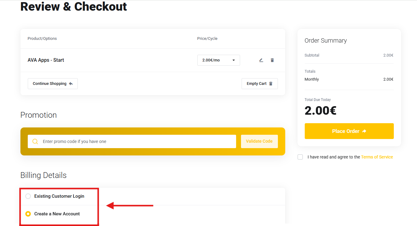 Page de paiement avec résumé de la commande, champ de promotion et options de compte