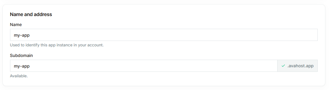Configuration du nom de l'application et du sous-domaine avahost.app